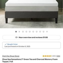 Zinus Spa Sensations 3 inch Green Tea and Charcoal Memory Foam Topper, Full