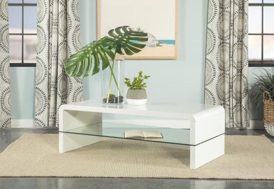 Coaster Airell Rectangular Coffee Table with Glass Shelf White Gloss