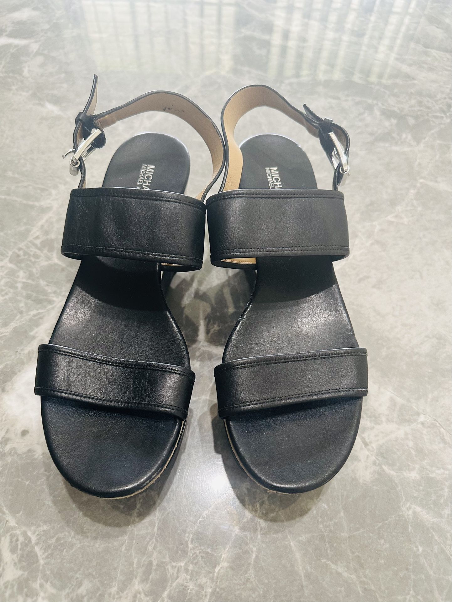 Michael Michael Kors Josephine Leather Peep Toe Wedge Sandal Black Size 9