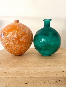 Pair of Large Decorative Glass Vases – Amber Orange & Teal Green