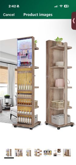 Lvifur 360° Rotating 63'' LED Jewelry Armoire,Full Length Mirror Large Capacity Floor Standing 3 Color Dimmable Jewelry Organizer Armoire with 4 rolle