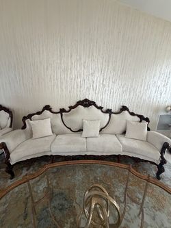 Vintage Ornate Carved Wood Sofa & Armchair Set – Cream Upholstery