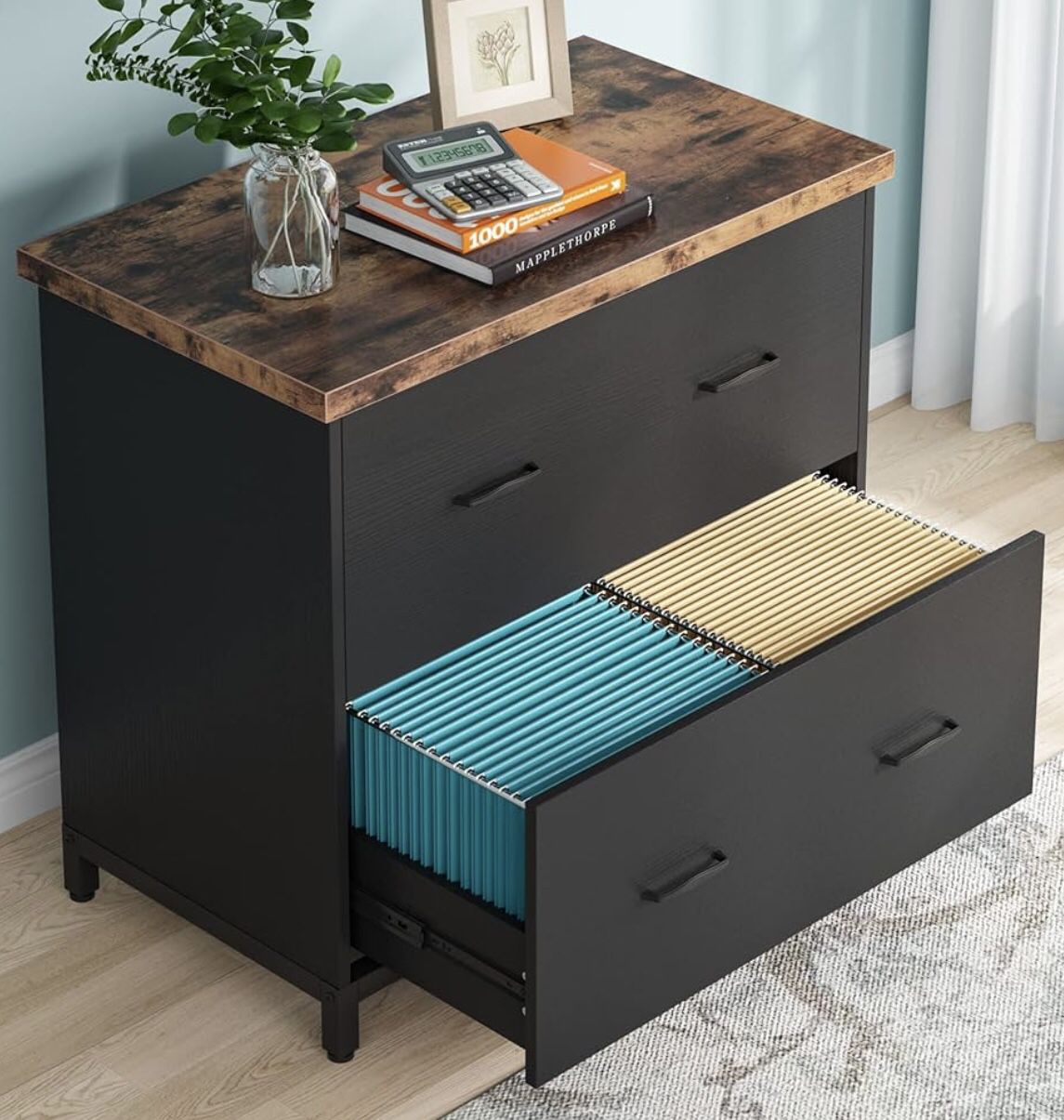 New assembled 2-Drawer File Cabinet, Wood Lateral Filing Cabinet, Home Office File Cabinet for A4, Letter Size, Rustic Brown & Black