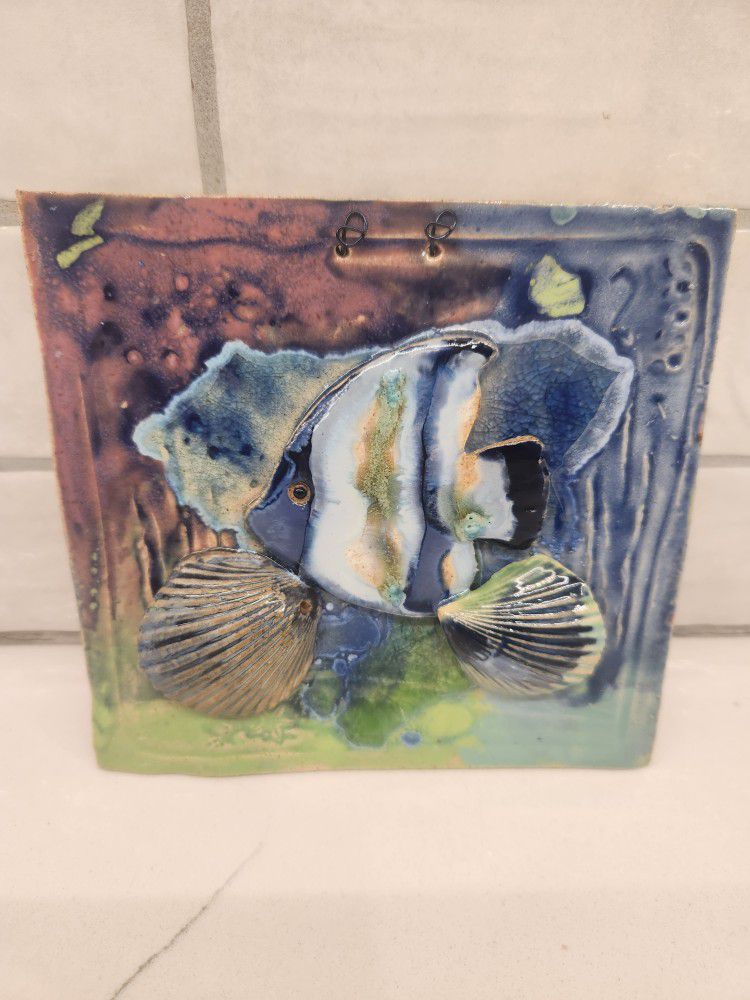 1995 Leger Collection PM Doll Pottery FIsh Seashell Hanging Tile Marta Carvajal