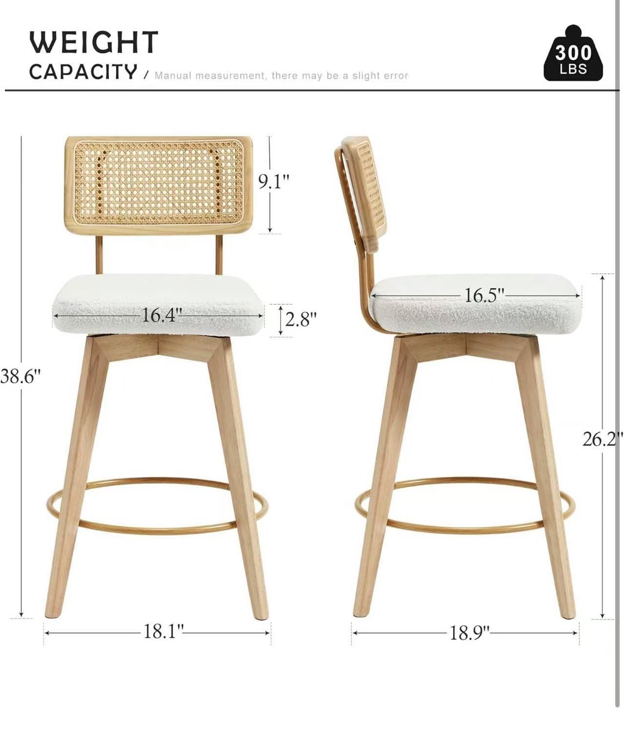 26” Natural Rattan Bar Stools, Swivel Solid Wood Counter Stool Set of 2, Upholstered Armless Bar Chairs with Wooden Legs for Kitchen Island, White Ted