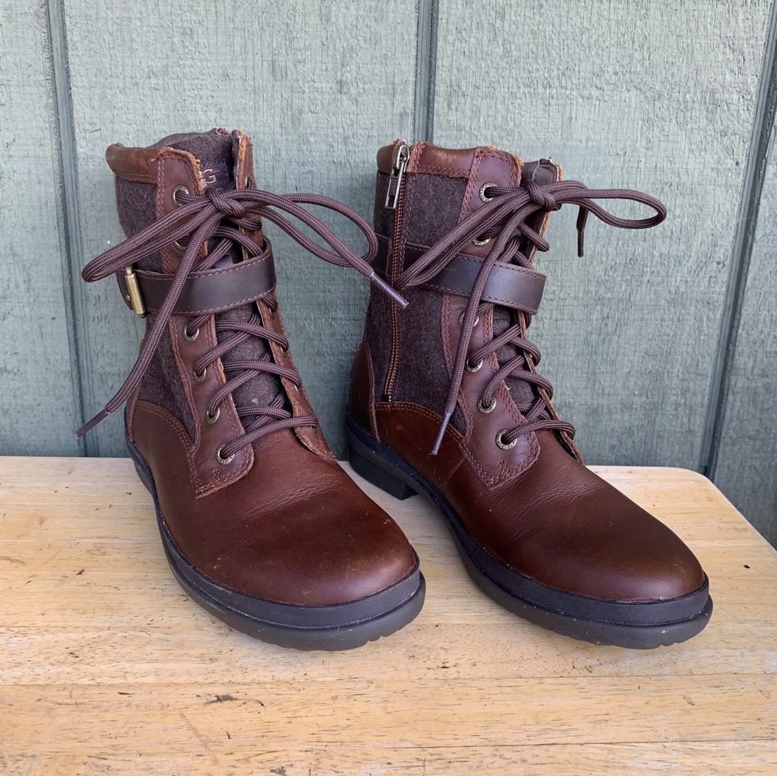 UGG Kesey Brown Leather Shearling Combat Boot 1005264 Women Size 5.5 Waterproof