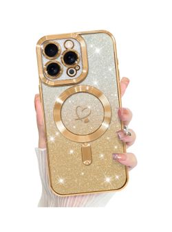 iPhone 16 Pro Max Case Plating Heart Glitter Magnetic (2 Screen Protectors) (Support for MagSafe)