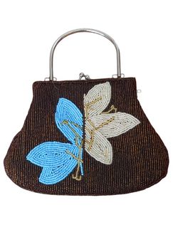 Antique Vintage handmade Micro beaded Brown, Blue and ivory purse flower design