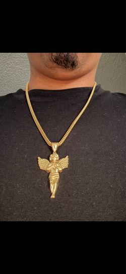 10k Franco Gold chain 10k gold big angel pendant