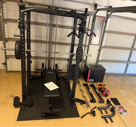 MINT! Flybird All-in-One Power Rack w/Pulley System w/260 Weight Set Bench Curl Bar Etc.