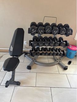 Ivanko rubber hex dumbbells weights 400lbs total plus rack and adjustable bench