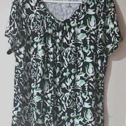 2X Emily Stacy  Round Neck With Gathers Short Sleeve Leaf Print Pullover Top