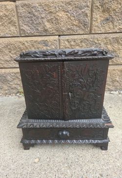 Antique Carved Wood Miniature Cabinet