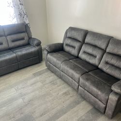 New Reclining Couch / Love Seat.  Grey Brown Suede.  Free Delivery!