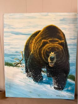 Vintage   1979 Brown bear oil painting on canvas signed
