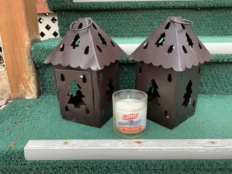Outdoor Rustic Hanging Metal Lanterns 2 PC with Cutter Guard Candle Tree Cutout. New with tags