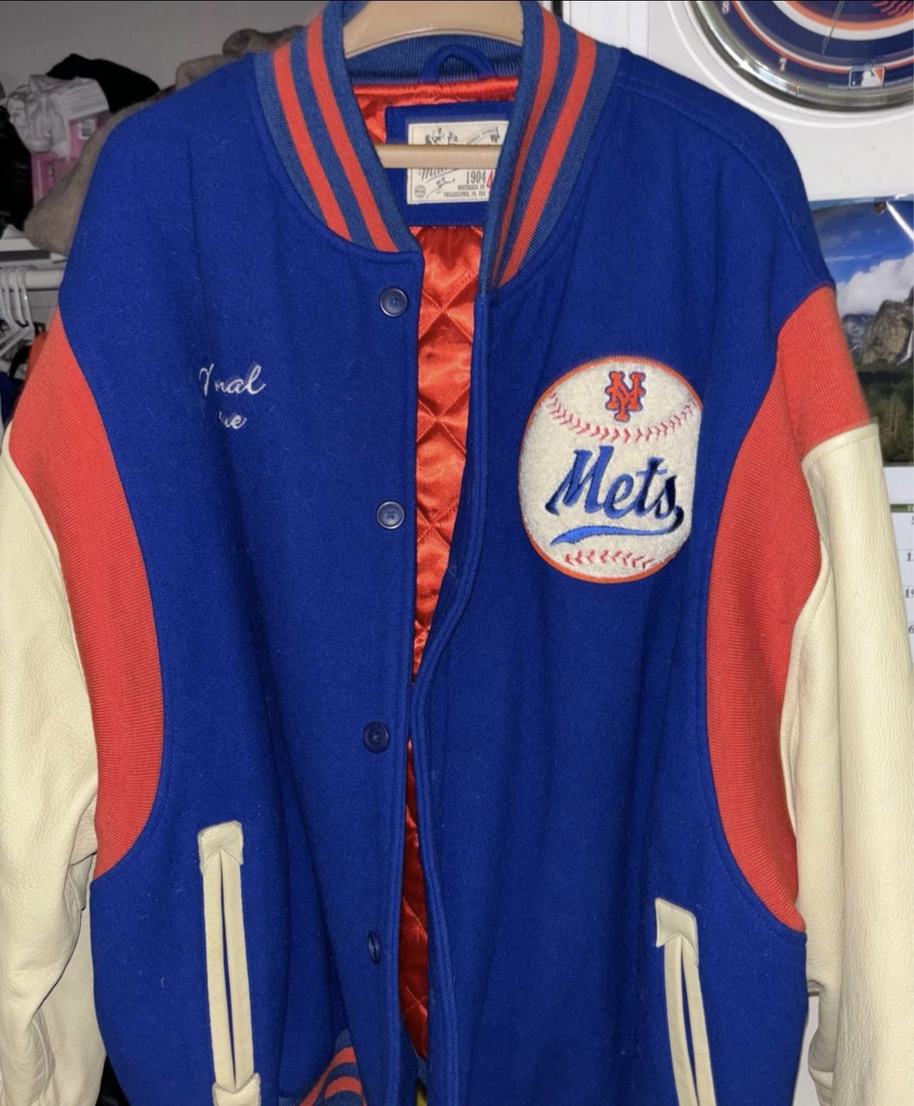 AUTHENTIC MENS RARE MLB - METS - WOOL/LEATHER MITCHELL & NESS WINTER VARSITY JACKET, SIZE 4XL