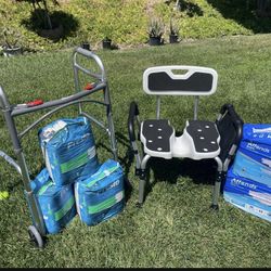 Shower Chair, Walker, 5 Packages Of Adult Diapers 