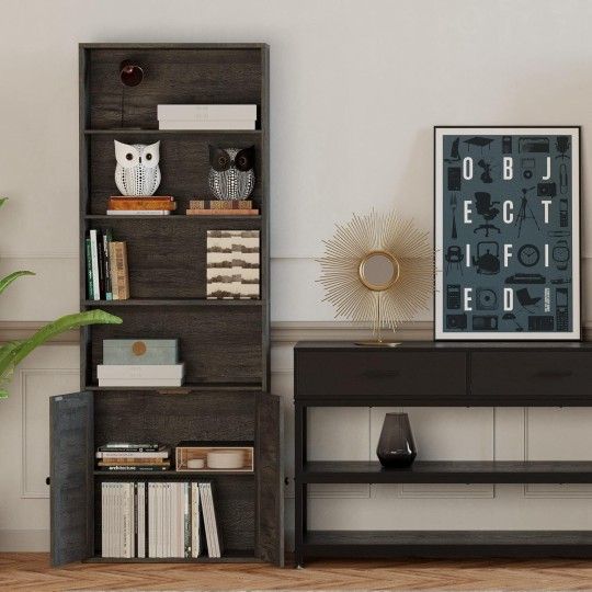 O872 Industrial Bookshelves and Bookcases with Doors Floor Standing 6 Shelf Display Storage Shelves 70 in Tall Bookcase for Home Office, Living 