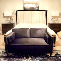 Beautiful Black Velvet Loveseat with Gold Nailhead Trim/ Solid Eucalyptus Wood Frame