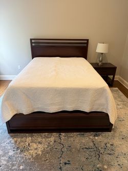 Dark Wood Queen Bed (Inc mattress and Box Spring) and Nightstand