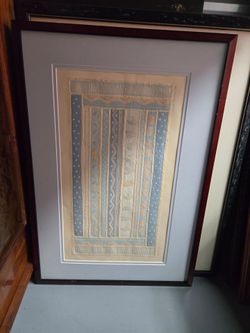 Framed Textile Art with Blue Geometric Pattern