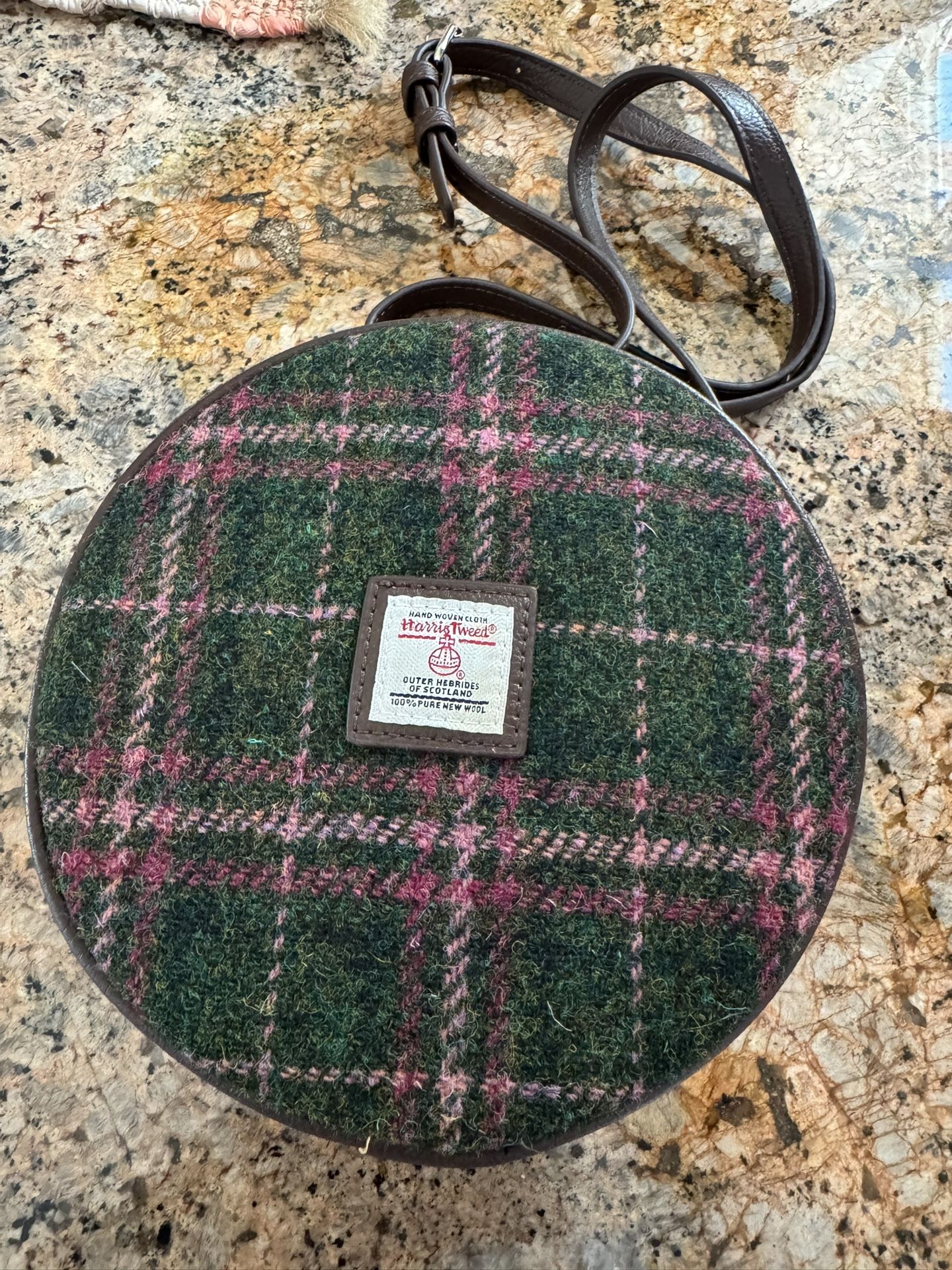 Glen Appin Harris Tweed 'Bannock' Round Bag in Green and Plum Check