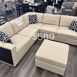 Gorgeous ‼️ 4-Piece Boucle Sectional Sofa W/ Ottoman And Built In Shelf