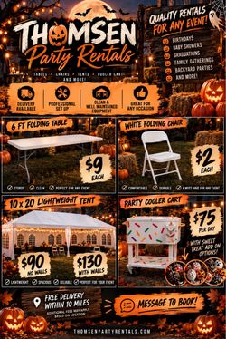Chairs, tables, tents, and more