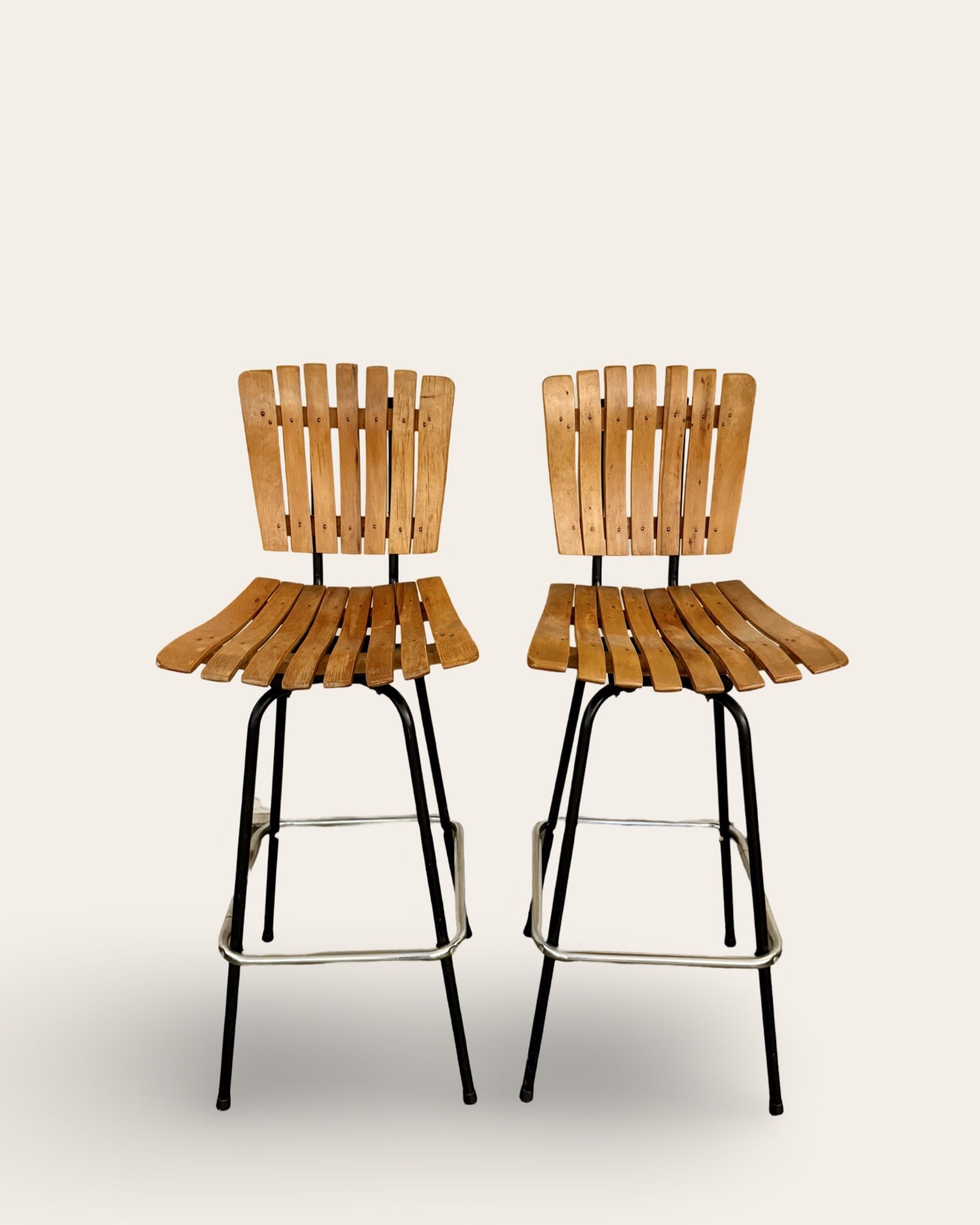 Pair of Vintage Mid Century Modern Arthur Umanoff Style Slatted Wood and Metal Barstools