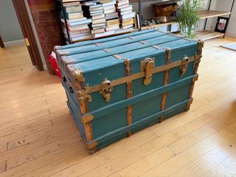 Antique Steamer Travel Trunk – Teal Blue w/ Ornate Metal Hardware