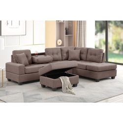DARK BROWN Fabric Reversible Sectional Sofa & Ottoman w/ Throw Pillows