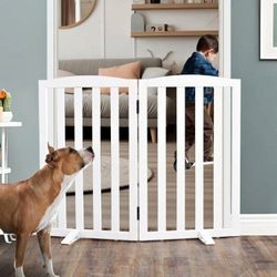 Foldable Freestanding Indoor Dog Gate for House - Wood White Long Pet Gates, 32" tall
