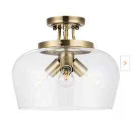 3 Light Bulb Semi Flush Gold Ceiling Dining Room Light  W/ Glass Shade
