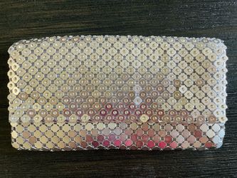 Silver Metallic Clutch Bag Embellished With Tiny Rhinestones