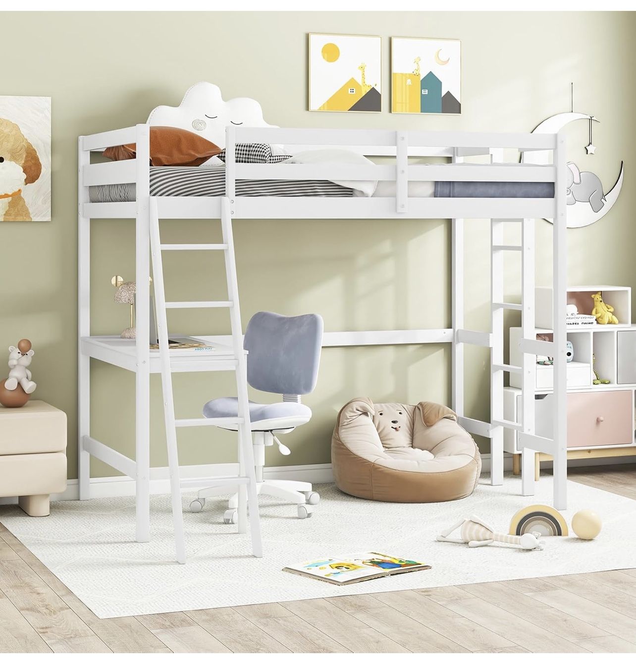 KOMFOTT Twin Loft Bed with Desk & twin matress! Solid Wood Loft Bed Frame with 2 Ladders