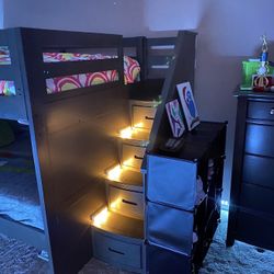 Gray Queen Bunk Bed With Stairs (two standing dresser drawers included w/deep storage)