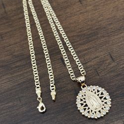 Round Virgin Mary With Stones 20 Inch Mariner Necklace