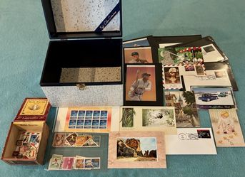 Collection of World Stamps, First Day Covers, and Postcards in Vintage Fuji Clos Hinged Box