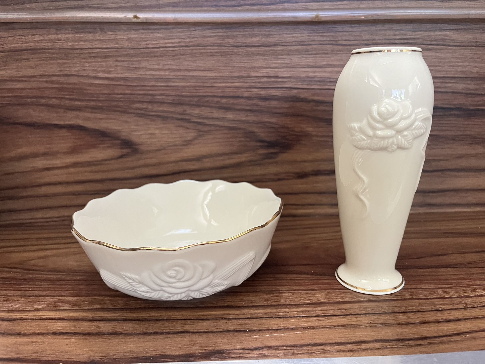 (2) Lenox roses rose rosebud bowl trinket dish & bud vase ivory cream gold trim