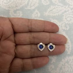 Real Silver Heart ❤️ Blue Sapphire Stud Earrings 