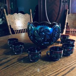 LE SMITH CARNIVAL GLASS GALAXY PUNCHBOWL SET