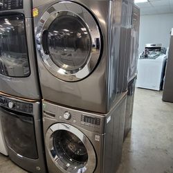 LG Front Loading Washer And Stackable Gas Dryer Set In Stainless Steel 