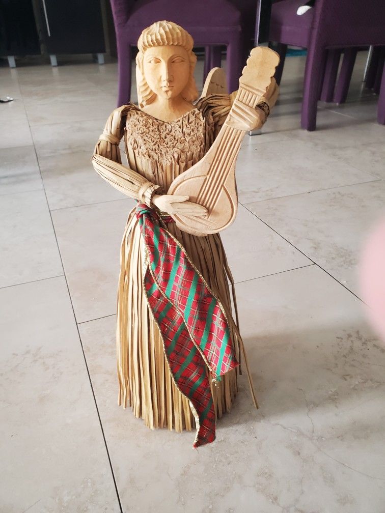 24" Tall Straw And Wood Christmas Angel