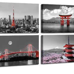 Bedroom Japanese Art Evening Scenery of the Rainbow Bridge Across Tokyo Bay Tokyo Tower Great Floating Gate Mt Fuji Cherry Blossom Room Decor for Bedr