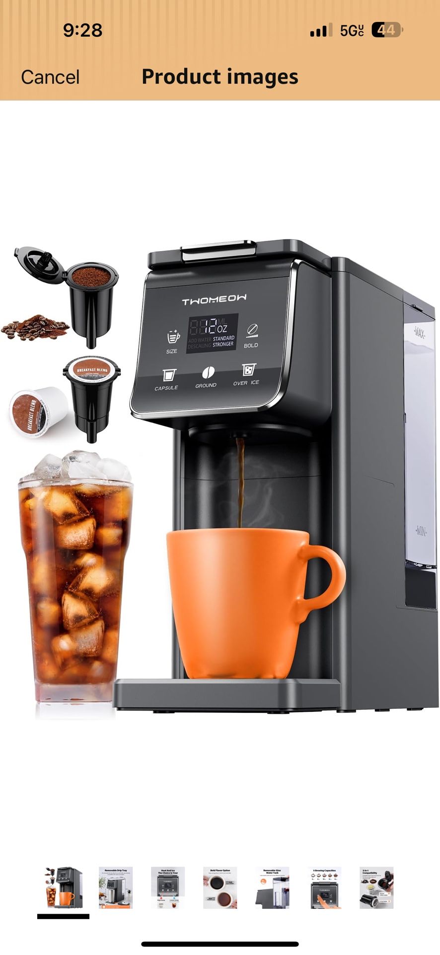 K Cup Coffee Maker With Bold Setting, Single Serve Hot & Iced Coffee Maker for K-Cup and Grounds, 52oz Removable Water Tank, 6 to14oz Brew Sizes, Pod