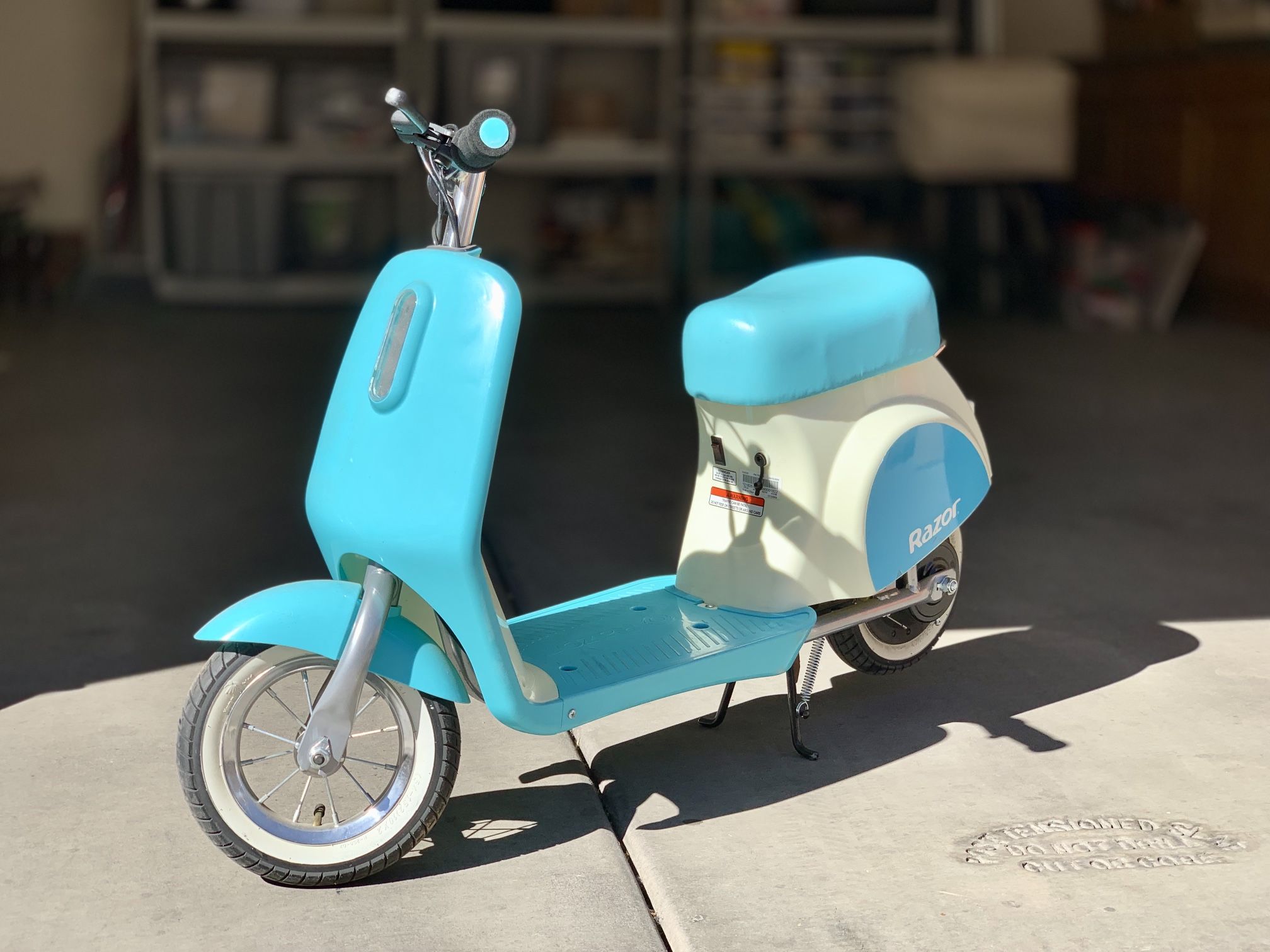 Kids Blue and White Vespa Razor Pocket Mod Miniature Euro-Style Electric Scooter