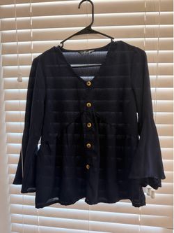 Navy Blue Sheer Chiffon Georgette V-Neck Blouse with Bell Sleeves