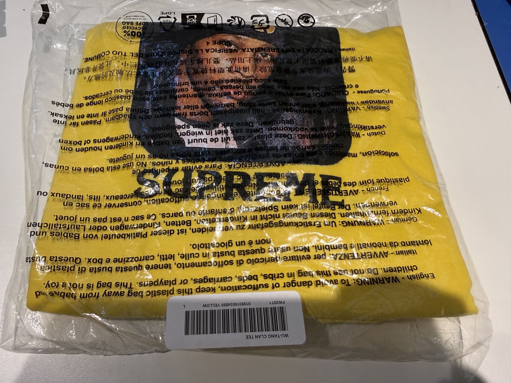 Supreme / Wu-Tang Clan RZA Tee T-Shirt Yellow Size Large FW25