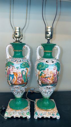 Set of 2 ANTIQUE CAPODIMONTE PORCELAIN  VICTORIAN LAMP Gold Inlay